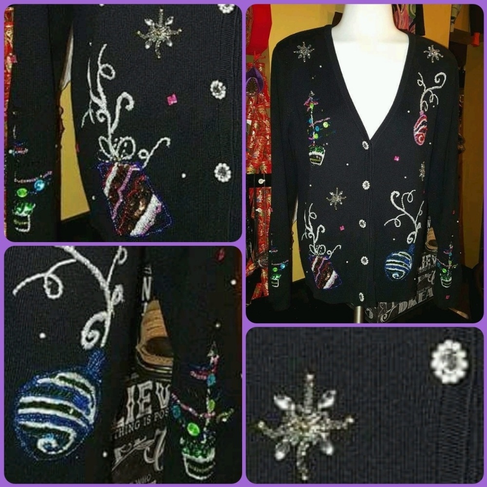 💎VTG KIKIT BLING BEAD UGLY XMAS CHRISTMAS SWEATER